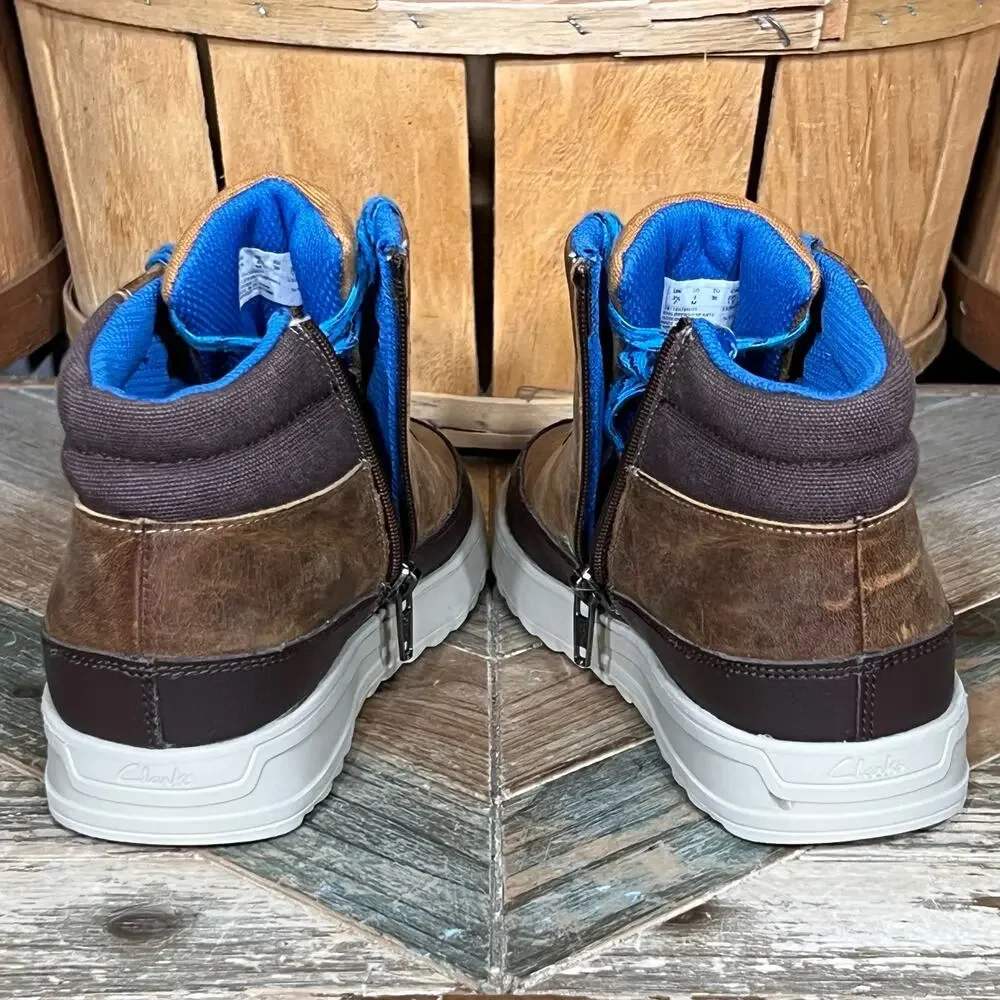 Clarks x Jack Nano Jaxton Run Brown Leather Blue Zip Up Laced Boots Boys Size 4